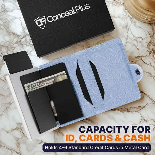 Vista 5 de Cartera Conceal Plus para hombres, cartera desplegable con bloqueo RFID, tarjetero delgado y minimalista para tarjetas de crédito, Minimalista