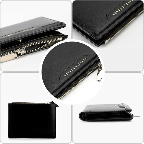 Vista 3 de Billeteras delgadas y pequeñas de cuero con bolsillo, tarjetero, plegable, triple, monedero para mujer con cremallera (negro)