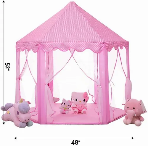 Vista 6 de wilwolfer tienda de campaña tipo castillo de princesa para niñas, tienda de campaña hexagonal grande para jugar, casa de juegos con luces de Rosa