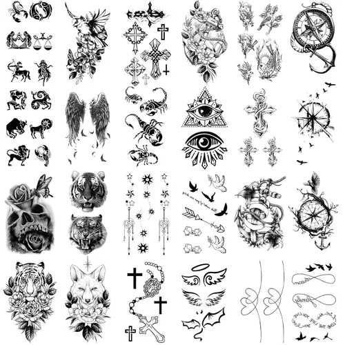 Vista 2 de 36 hojas de tatuajes temporales para hombres, mujeres y adultos, 12 hojas de gran tamaño, 3D, media manga, tatuajes falsos negros, tatuajes