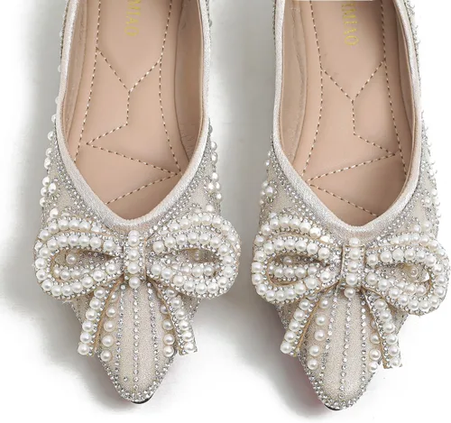 Vista 5 de YQRUIMIAO Zapatos planos para mujer, zapatos planos de boda con diamantes de imitación, punta puntiaguda, zapatos planos de ballet de tacón bajo