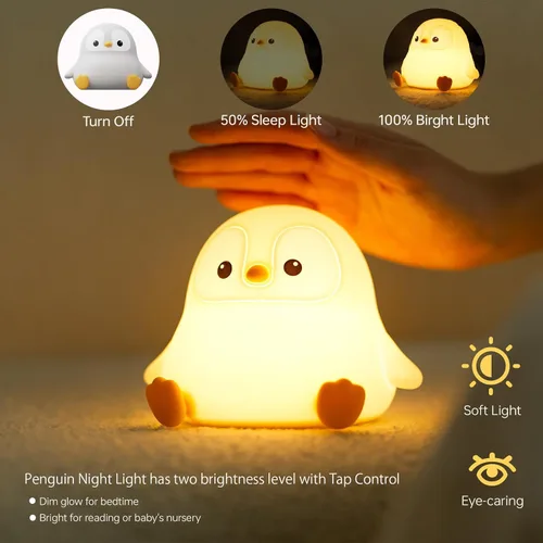 Vista 4 de Luz Nocturna de Pingüino para Niños, Linda Lámpara de Pingüino de Silicona para Guardería, Lámparas de Noche Regulables y Esponjosas al Toque