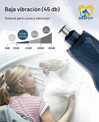 Vista 5 de Casfuy Molinillo de uñas para perro silencioso - (45db) Pulidora de uñas para mascotas de 6 velocidades con 2 luces LED para perros/gatos grandes