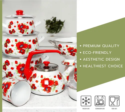 Vista 7 de Olla de aluminio esmaltado amapolas vientre cazuela profunda olla de cocina con tapa de vidrio Utensilios de cocina Olla de sopa (2.1 L)