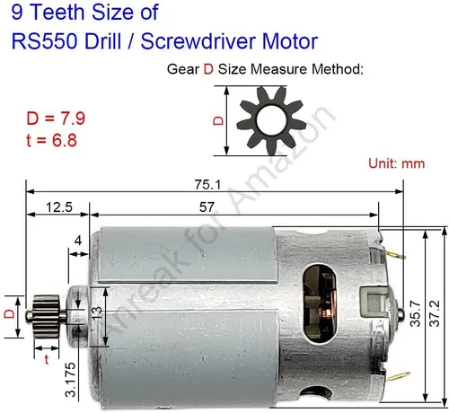 Vista 2 de RS550 9.6V 9 Dientes (Φ7.9mm) Motor para Destornillador, 9.6-25V 9-15 Dientes 25000 RPM Reemplazo para Taladro de Batería y Herramientas Eléctricas
