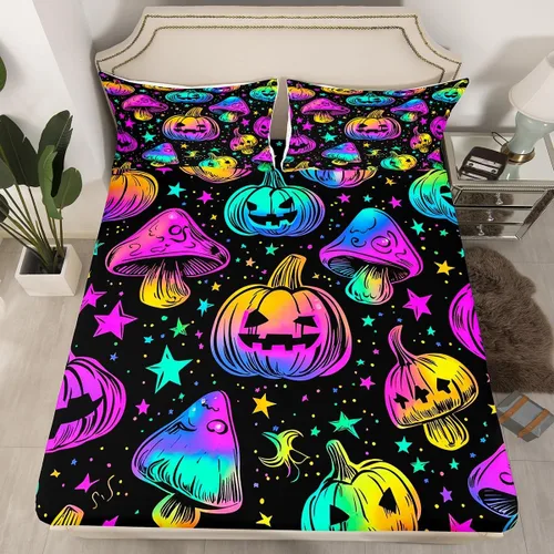 Vista 7 de Erosebridal Sábanas de calabaza de Halloween para niños, diseño de calabazas arcoíris, tamaño individual, para niños y niñas, juego de ropa de cama