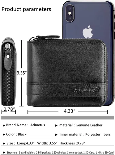Vista 5 de Cartera de piel auténtica para hombre con cremallera, plegable