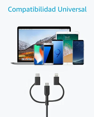 Vista 3 de Cable Anker Powerline II 3 en 1, cable Lightning/Type C/Micro USB para iPhone, iPad, Huawei, HTC, LG, Samsung Galaxy, Sony Xperia, smartphones Negro
