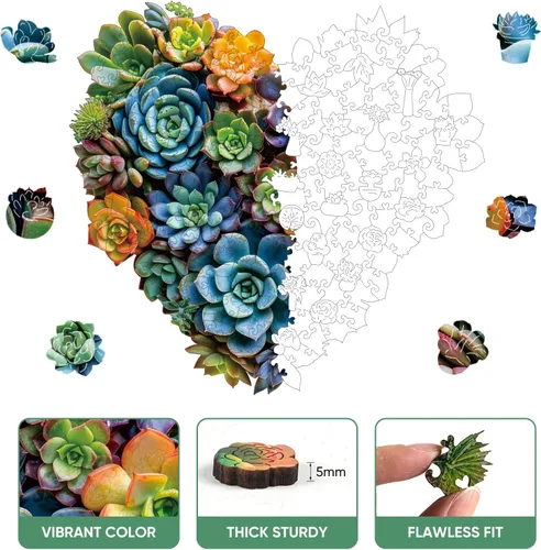 Vista 24 de Mys Aurora Rompecabezas de madera de cactus para adultos, 200 piezas Flor de cactus