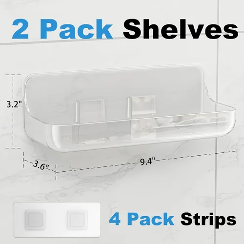 Vista 2 de Organizador adhesivo para ducha, paquete de 2 estantes acrílicos para baño, sin taladro, organizador de montaje en pared, estante de almacenamiento