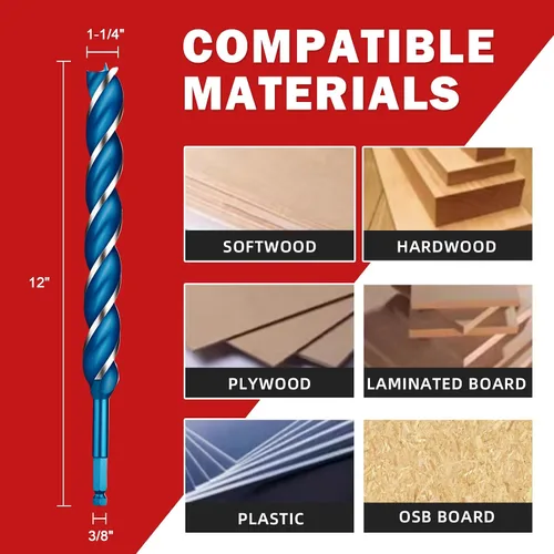 Vista 6 de Broca de barrena para madera de 1-1/4" x 12" - Broca de barrena extra larga de 3 flautas para madera, acero de alto carbono con vástago de 3/8