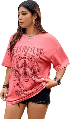 Vista 3 de SOLY HUX Camisetas de verano de gran tamaño para mujer, tallas grandes, con estampado de letras, media manga, camisetas de verano