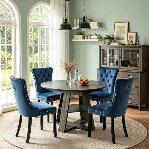 Vista 51 de Juego de 4 mesas de comedor redondas de 5 piezas para 4, 43.3 a 59 pulgadas, extensibles, redondas a ovaladas, juego de 4, mesas de comedor de Mesa