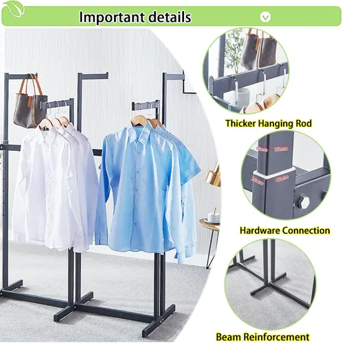 Vista 5 de Perchero de pie de metal para ropa - Estantes de exhibición resistentes para uso comercial con ruedas, perchero de ropa de 6 brazos, perchas