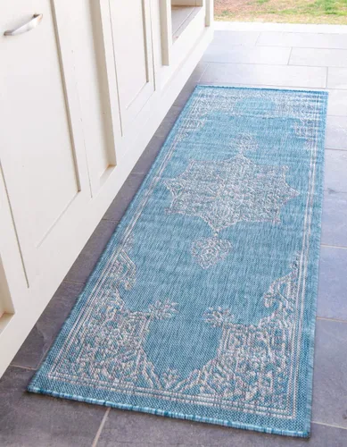 Vista 52 de Unique Loom Alfombra de la colección tradicional para exteriores, antigua (4 pies 1 pulgada, redonda, verde azulado/gris)