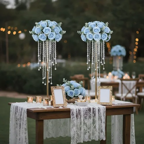 Vista 2 de Centros de mesa de boda dorados de 29.5 pulgadas para mesa, 2 jarrones altos, centros de mesa de boda con cuentas de cristal brillantes, soporte