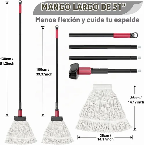 Vista 5 de Fregonas Comerciales para Limpieza de Pisos - Fregona de Bucle con Mango Largo para Pisos de Madera Dura, Baldosas, Vinilo - Cabezal de Algodón
