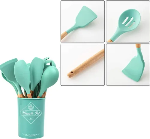 Vista 3 de Juego de 17 utensilios de silicona con mango de madera, resistente al calor, utensilios de cocina fáciles de limpiar, herramientas de cocina
