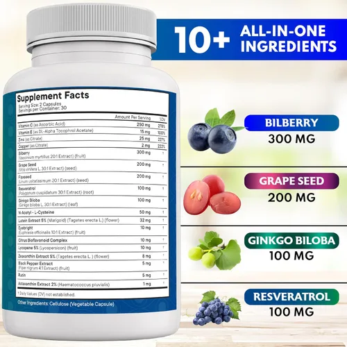 Vista 3 de NEW AGE Vitaminas para la salud ocular con arándano, luteína y zeaxantina, licopeno, resveratrol, semillas de uva, astaxantina, vitamina