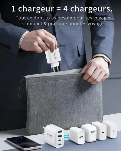 Vista 5 de Bloque de cargador USB C de 45 W, paquete de 2 cargadores de pared plegables, cargador de 3 puertos tipo C, bloque de carga rápida multipuerto