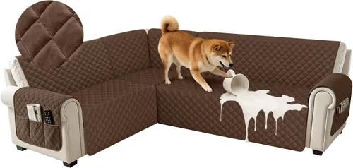 Vista 27 de Fundas impermeables para sofá seccional de esquina en forma de L, de terciopelo, juego de 6 piezas, funda en forma de U para sofá, para perros