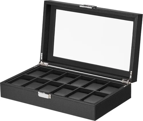 Vista 8 de BEWISHOME Caja de reloj, caja de reloj de 12 ranuras con tapa de vidrio grande, caja de reloj para hombre, organizador de caja de reloj, caja
