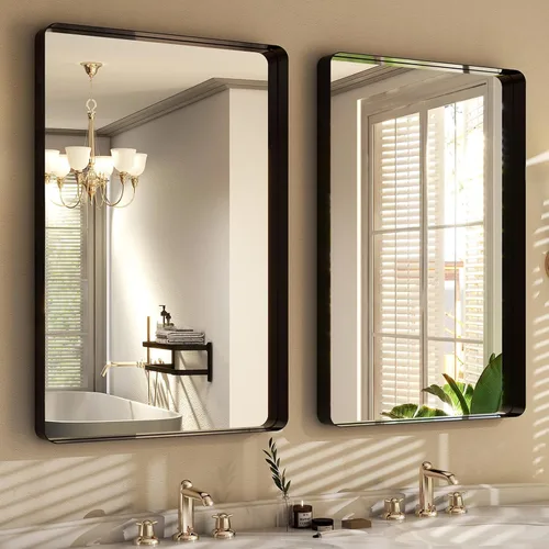 Vista 6 de Espejo de baño negro de 30"x22" - Espejo moderno para pared con esquinas redondeadas, espejos de baño para tocador, espejo enmarcado de aleación