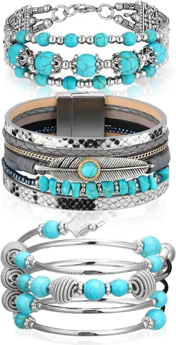 Vista 14 de Inbagi 3 piezas pulsera de turquesa para mujer pulsera de cuero joyería occidental para mujer brazalete plateado tipo pulsera