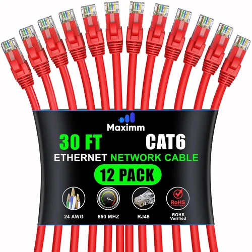 Vista 56 de Maximm Cable Ethernet Cat6 de 7 pies, 10 Gbps 550 MHz, negro, paquete de 12