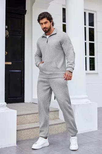 Vista 3 de COOFANDY Conjunto deportivo de 2 piezas para hombre, ajuste relajado, con media cremallera, para correr