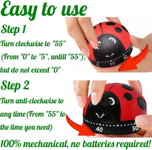 Vista 2 de Temporizador mecánico con forma de mariquita con cuerda de 60 minutos, temporizador giratorio manual de cuenta regresiva para horno, cocina, baño