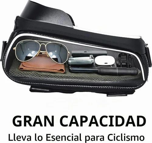 Vista 2 de Bolsa de soporte para teléfono de bicicleta, resistente al agua, estuche rígido de gran capacidad, tubo superior, marco frontal, accesorios de Negro