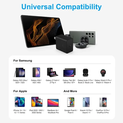 Vista 5 de Cargador USB C súper rápido, cargador tipo C bloque de carga rápida con cable tipo C a C de 6 pies para Galaxy S25 Negro
