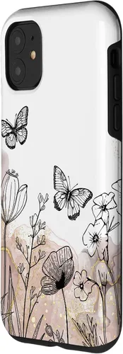 Vista 2 de iPhone 11 Minimal Flowers Butterflies Boho Floral Lindo Estético Funda