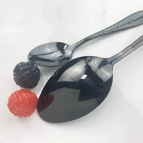 Vista 7 de JASHII Juego de cubiertos de 4 piezas de acero inoxidable negro forjado con mango martillado, servicio para 1 pulido de espejo, apto
