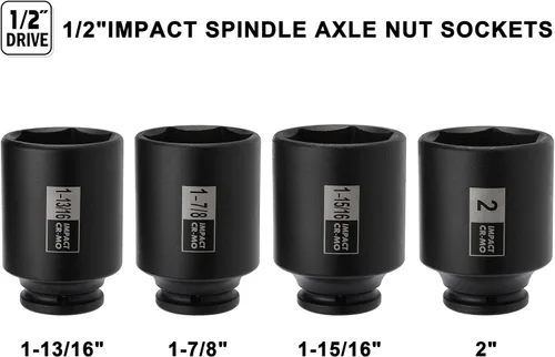 Vista 2 de Mayouko Juego de 4 llaves de vaso de impacto para tuerca de eje de husillo de 1/2", 1-13/16, 1-7/8, 1-15/16, 2 pulgadas, CR-MO, profundo, 6 puntos