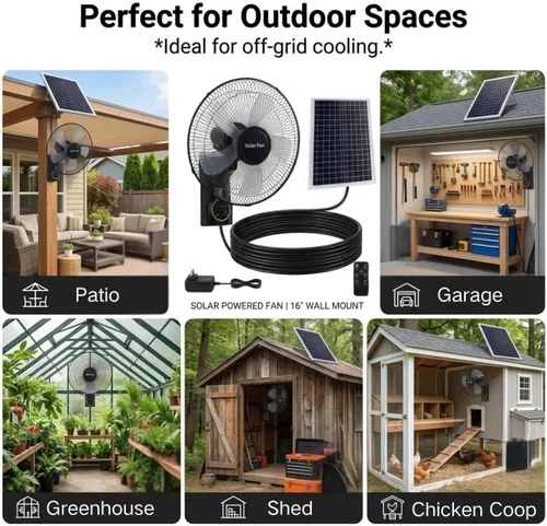 Vista 8 de 16" Solar Barn Fan for Chickens & Greenhouses - Oscillating Wall Fan with Remote Control, AC/Solar Dual Power, Waterproof 90° Cooling, 16ft