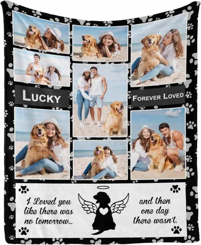 Vista 24 de InterestPrint Manta de perro personalizada en memoria amorosa de la pérdida con imágenes y nombre, regalo personalizado de recuerdo de condolencias