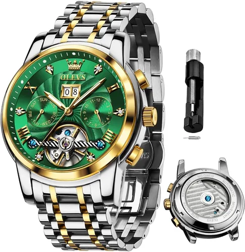 Vista 52 de OLEVS Reloj de pulsera automático con diseño de esqueleto para hombre, de lujo, con diamantes de lujo, de acero inoxidable, calendario, reloj