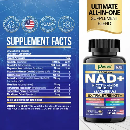 Vista 2 de Paquete Shilajit y NAD+ - Adaptógeno y apoyo de energía celular con Panax Ginseng, Rhodiola Rosea, Cordyceps, NAD liposomal, resveratrol y vitaminas