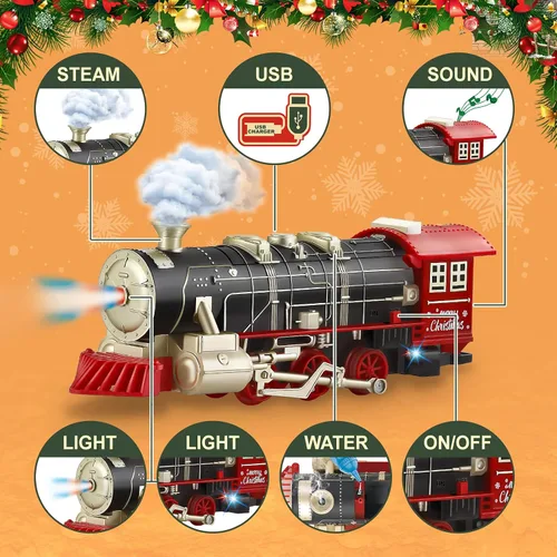 Vista 3 de Juego de tren de control remoto con vapor, luces y sonidos, tren de juguete eléctrico para niños de 4 a 8 años, juego de tren de árbol de Navidad