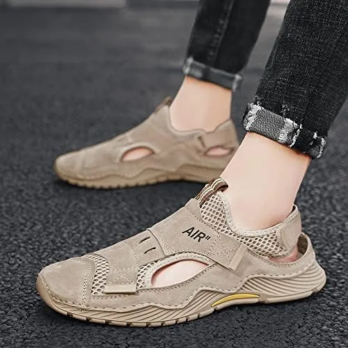 Vista 6 de Sandalias de hombre para hombre, sandalias de playa para hombre, zapatos de verano con punta cerrada, zapatos de cuero hechos a mano, transpirables