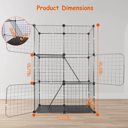 Vista 6 de Jaula de 3 niveles para gatos, casa de metal para interiores, casa desmontable para gatitos con 3 puertas, 2 escaleras, lugar de ejercicio