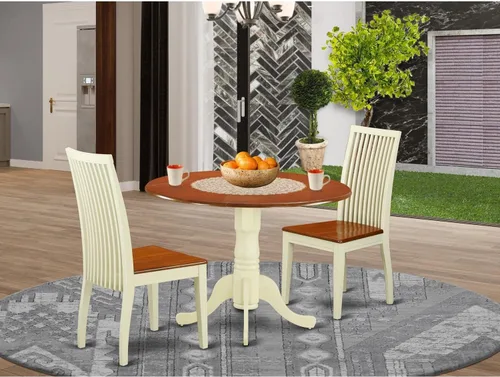 Vista 7 de East West Furniture DLIP3-BMK-W Juego de mesa y sillas de cocina de 3 piezas contiene una mesa de comedor redonda con gotas y 2 sillas de comedor