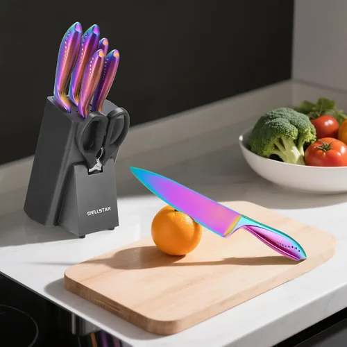 Vista 7 de WELLSTAR Juego de cuchillos arcoíris de 8 piezas, juego de cuchillos de cocina de acero inoxidable alemán iridescente con bloque de madera Juego