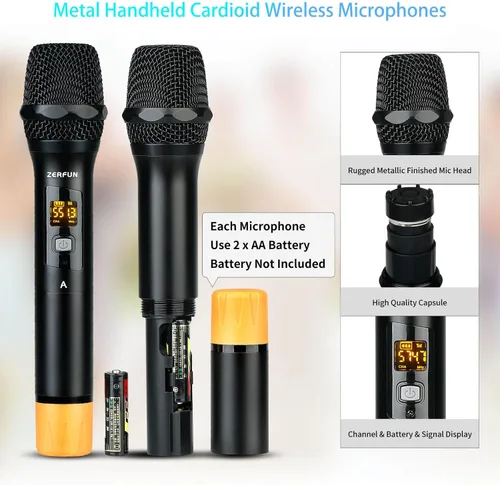 Vista 3 de Sistema de micrófono inalámbrico profesional de 4 canales, auriculares de mano inalámbricos de metal UHF, micrófonos de solapa para cantar karaoke