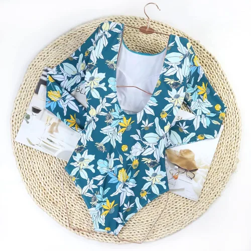 Vista 4 de Traje de baño de manga larga para mujer, traje de baño de una pieza con estampado floral sin espalda