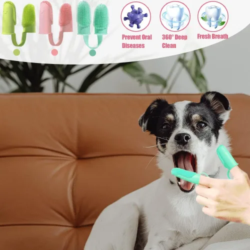 Vista 7 de Kit de cepillo de dientes para perros, paquete de 3 cepillos de dientes para perros, cuidado dental, cepillado de dientes de dedo de remolque