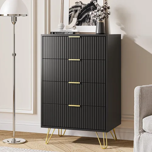 Vista 7 de MAISONARIA Cómoda negra para dormitorio, cómoda de 4 cajones con tiradores de metal dorado y cómodas, cómodas para pasillo, dormitorio