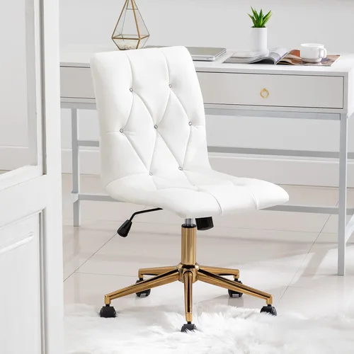 Vista 2 de DUHOME Silla moderna de oficina en casa, de piel sintética, bonita silla de escritorio blanca con base dorada, silla de tocador rodante sin brazos